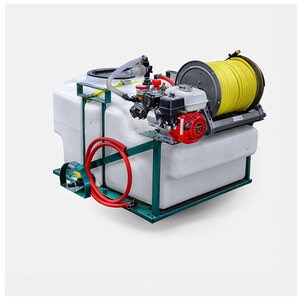MK Rittenhouse 200 Gal Space Saver Sprayer AR403 Pump Honda Engine Hannay 12 Volt Power Reel, 300 ft. 1/2 in. Yellow Hose with LESCO Gun with 3 Nozzles
