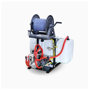Rittenhouse 50 Gal Space Saver Sprayer AR252 Pump Honda Engine Hannay Manual Reel, 150ft 3/8 in. Clear Braid Hose with LESCO Gun with 3 Nozzles