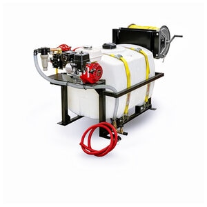 Rittenhouse 300 Gal Space Saver Sprayer AR403 Pump Honda Engine with Electric Start Hannay 12 Volt Power Reel, 300ft 1/2 in. Yellow Hose with LESCO Gun with 3 Nozzles