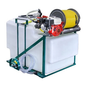 Rittenhouse 200 Gal Space Saver Sprayer AR403 Pump Honda Engine Hannay 12 Volt Power Reel, 300 ft. 1/2 in. Yellow Hose with LESCO Gun with 3 Nozzles